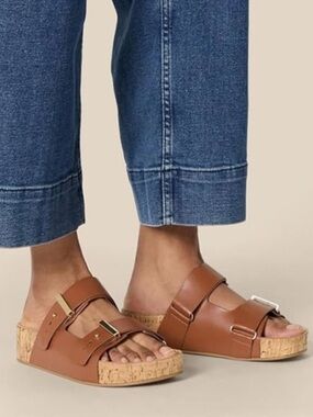 Amazon Essentials Brwn Vegan Leather Cork Slide Sandals w/ Gld Buckles Sz 7 NWOB